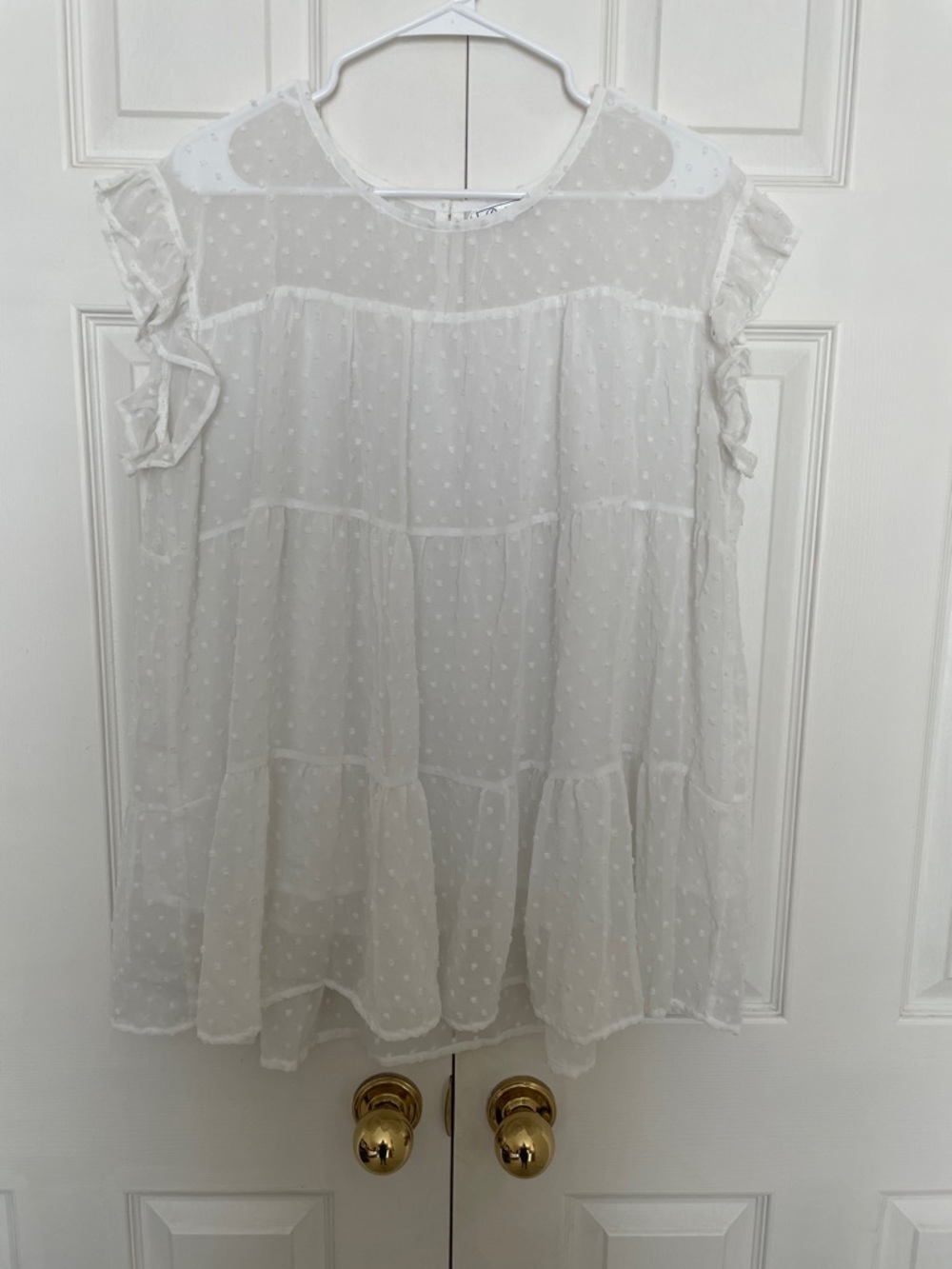 White Swiss Dot Ruffle Sleeve Blouse - Women